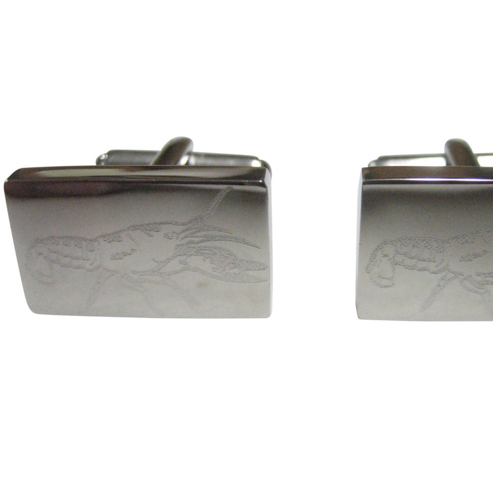 Silver Toned Rectangular Etched Crayfish Crawfish Crawdad Cufflinks